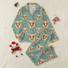 Highland Cow Lovers' Watercolor Shaggy Fur String Lights Snowflake Seafoam Pattern Satin Pajamas Set