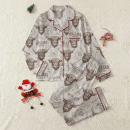 Highland Cow Admirers' Rustic Brown Hand-Drawn Bovine & Social Club Text Repeating Pattern Satin Pajamas Set