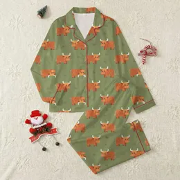 Highland Cow Lovers' Burnt Orange Olive Green Minimalist Pixel-Art Shaggy Cow Pattern Satin Pajamas Set