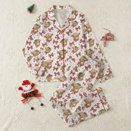 Women's Fluffy Highland Cow Rustic Christmas Watercolor Pattern with Buffalo Plaid Bows & Wreaths Satin Pajamas Set