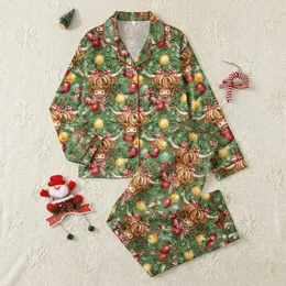Festive Farm Animal Fans' Rustic Watercolor Highland Cow Faces, Red Holly, Forest Green Fir, Gold & Teal Ornaments Pattern Satin Pajamas Set