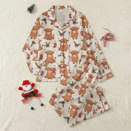 Farmhouse Style Enthusiasts Whimsical Highland Cow All-Over Pattern, Red Berries, Fir & Cream Stockings Satin Pajamas Set