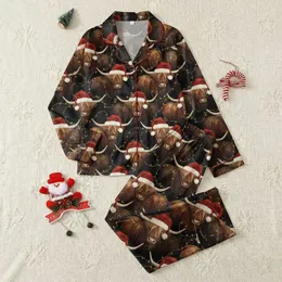 Farmhouse Christmas Enthusiasts' Shaggy Deep Brown Highland Cow Santa Hat Golden Berry Lights Pattern Satin Pajamas Set