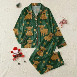 Whimsical Animal Lovers Fluffy Highland Cow Calves Wildflower Meadow Rustic Pattern, Golden Brown & Forest Green Satin Pajamas Set