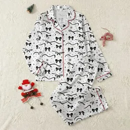 Women's White & Black Classic Scattered Bows, Untied Ribbons & Starburst Accents Satin Pajamas Set