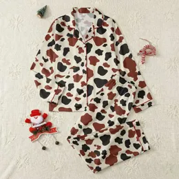 Women's Adult Seamless Black Deep Reddish-Brown Organic Cow Spots Creamy Beige Pattern Satin Pajamas Set