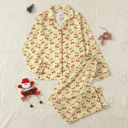 Women's Whimsical Pale Yellow Scattered Bright Red Cherry Cluster Pattern Satin Pajamas Set