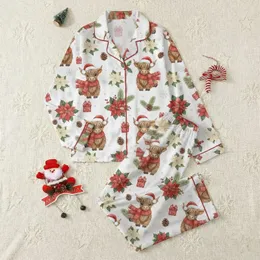 Christmas Enthusiasts' Whimsical Watercolor Baby Highland Cow Christmas Scene with Festive Red Poinsettias, Holly Berries & Snowy Landscape Satin Pajamas Set