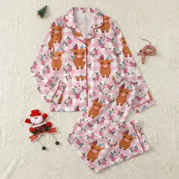 Creative Crafters' Whimsical Baby Highland Cow Fuchsia Blush Pink Peony Flower Crown Pink Buffalo Plaid Seamless Satin Pajamas Set