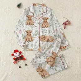 Holiday Families' Whimsical Highland Calf Christmas Lights Seamless Pattern, Muted Watercolor Botanicals & Vintage Accents Satin Pajamas Set