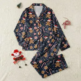 Family Holiday Enthusiasts' Festive Cartoon Gingerbread, Candy Cane, Holly & Snowflakes Dark Navy Pattern Satin Pajamas Set