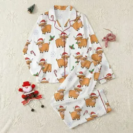 Christmas Lovers' Whimsical Hand-Drawn Cartoon Highland Cows Red Santa Hats Holly Berries Candy Canes Snowflakes White Pattern Satin Pajamas Set