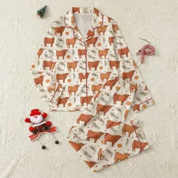 Highland Cow Lovers' Rustic Hand-Drawn Seamless Pattern with Reddish-Brown Cows, Olive Green Pine & Warm Orange Slices Satin Pajamas Set