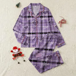 Sweet Style Lovers' Dense Tartan Plaid Lavender Purple Black White with Whimsical Heart Motifs & Flowing Script LOVE Text Satin Pajamas Set