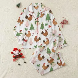 Festive Family Whimsical Cartoon Christmas Chickens, Pink Trees, Red Green Bows Pattern Satin Pajamas Set