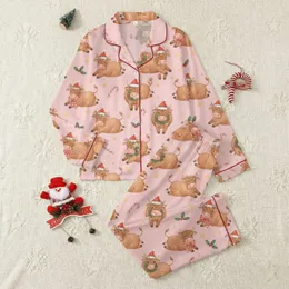 Christmas Cow Lovers' Whimsical Watercolor Fluffy Brown Cows in Red Santa Hats, Green Holly & Candy Canes, Pastel Pink Pattern Satin Pajamas Set