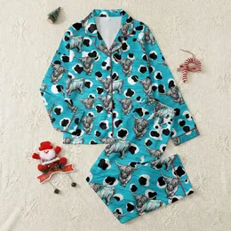Highland Cow Enthusiasts' Illustrative Black White Grey Cattle with Turquoise Accents on Textured Wood Plank Pattern and Bold Cow Print Spots Satin Pajamas Set