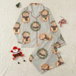 Christmas Highland Cow Fans' Whimsical Watercolor Calves Festive Wreath Plaid Pattern Satin Pajamas Set