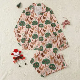 Women's Charming Folk Art Chicken Orchard Pattern with Coral Red Fruits & Wildflowers on Pale Pink Satin Pajamas Set