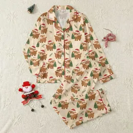 Couples' Festive Whimsical Flat Art Brown Highland Calves Red Santa Hat Christmas Tree Pattern Satin Pajamas Set