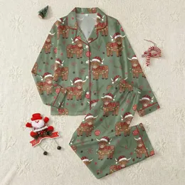 Highland Cow Lovers' Fluffy Highland Calves Red Plaid Santa Hats Christmas Lights Pine Berries Moss Green Pattern Satin Pajamas Set