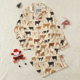 Cow Lovers' Hand-Drawn Vintage Black Angus Holstein Hereford Cattle Pastel Wildflowers Cream Print Satin Pajamas Set