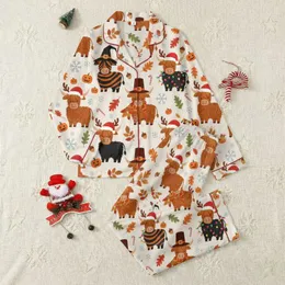 Festive Folks' Whimsical Cartoon Highland Cows: Multi-Holiday Pattern with Halloween, Thanksgiving, Christmas Satin Pajamas Set