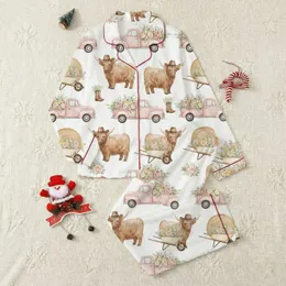 Country Aesthetic Enthusiasts' Watercolor Highland Cow Cowboy Truck Floral Hay Bale Repeat Design Satin Pajamas Set
