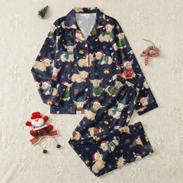 Cow Lovers' Festive Highland Cow Winter Scene Seamless Pattern with Red Santa Hats, Plaid Scarves, and Holly on Navy Satin Pajamas Set