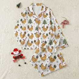 Animal Lovers' Whimsical Festive Chickens Roosters Santa Hats Cranberry Red Stars Forest Green Snowflakes on White Satin Pajamas Set