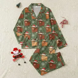 Festive Cow Lovers' Whimsical Highland Cow Christmas Pattern with Red Santa Hats, Holly & Snowflakes on Olive Green Satin Pajamas Set