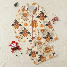 Farm Animal Enthusiasts' Whimsical Watercolor Highland Cow Mummy Witch Vampire Pumpkin Cream-Beige Pattern Satin Pajamas Set