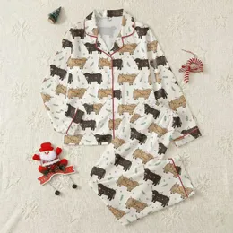 Festive Families' Rustic Highland Cow Christmas Light Repeating Pattern with Evergreen Sprigs Satin Pajamas Set