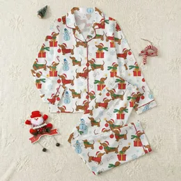Dachshund Lovers' Whimsical Cartoon Dachshunds Festive Pattern with Red Sweaters, Blue Snowmen, White Background Satin Pajamas Set