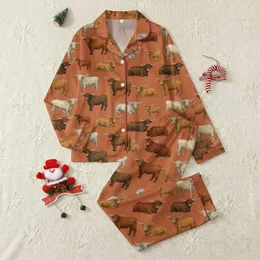 Western Lifestyle Enthusiasts Illustrative Highland Cow Creamy Brown Rustic Terracotta All-Over Design Satin Pajamas Set