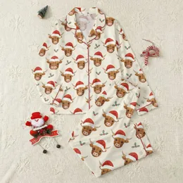 Rustic Holiday Enthusiasts' Fluffy Highland Cow Red Santa Hat Christmas Pattern with Muted Green Holly and Cream Background Satin Pajamas Set