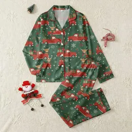 Farm Lovers' Charming Illustrative Christmas Pattern: Fluffy Highland Cows, Vintage Red Pickup Trucks, Festive Trees, Snowflakes, and Plaid Scarves in Vibrant Reds, Forest Greens, and Warm Browns Satin Pajamas Set