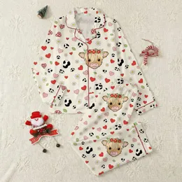 Animal Lovers' Whimsical Highland Calf Floral Crown Creamy Tan Red Hearts Cow Spot Pattern Satin Pajamas Set