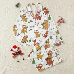 Cozy Christmas Lovers' Whimsical Highland Cow Pattern with Santa Hats, Holly, Candy Canes, Teal Snowflakes, and Green Christmas Trees Satin Pajamas Set