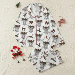 Farm Animal Lovers' Whimsical Hand-Drawn Highland Cow Heads Festive Red Green Plaid Bows Candy Canes Berries Satin Pajamas Set