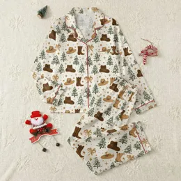 Women's Whimsical Off-White Rustic Western Christmas Tree Cowboy Boot Hat Star Seamless Pattern Satin Pajamas Set
