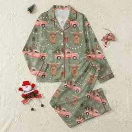 Cow Lovers' Whimsical Highland Cow Salmon Pink Truck Christmas Tree Pattern Satin Pajamas Set