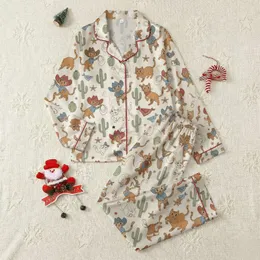 Cowgirl Lifestyle Enthusiasts' Playful Cowboy Cat & Western Motifs in Warm Brown, Red, Sage Green on Cream Satin Pajamas Set