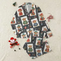 Highland Cow Lovers' Rustic Winter Pattern: Charcoal Grey Stamp-Framed Cows, Holly Berries, & Golden Bells Satin Pajamas Set