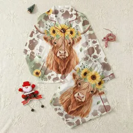 Rustic Fashion Lovers' Shaggy Highland Cow Sunflower Crown Bleached Cow Print Watercolor Design Satin Pajamas Set