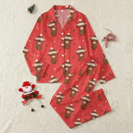 Family Matching Whimsical Red Highland Cow Leopard Print Hat Scarf Pattern Satin Pajamas Set