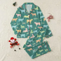 Kids' Playful Distressed Cow Pattern, Pastel Pink Orange Yellow Sky Blue Green on Solid Teal Green Satin Pajamas Set