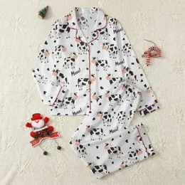 Women's Playful Cartoon Cow Black Spot White Background Pink Snout Yellow Bell 'Mooo!' Text Pattern Satin Pajamas Set
