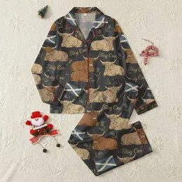 Scottish Culture Enthusiasts' Vintage Hand-Drawn Highland Coo & Thistle Pattern with Distressed Flags, Muted Browns & Olives on Charcoal Satin Pajamas Set