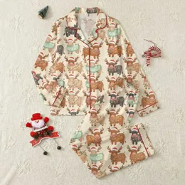 Christmas Enthusiasts' Whimsical Highland Cow Pattern: Sweaters, Plaid Scarves, Santa Hats & Lights Satin Pajamas Set